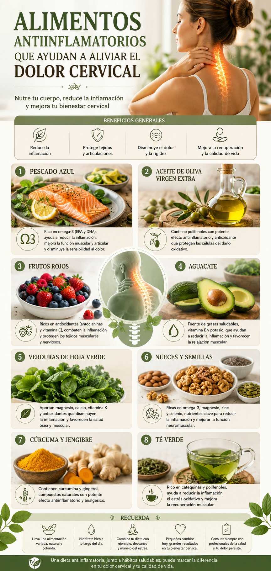 Infografía de los alimentos antiinflamatorios recomendados para reducir el dolor cervical