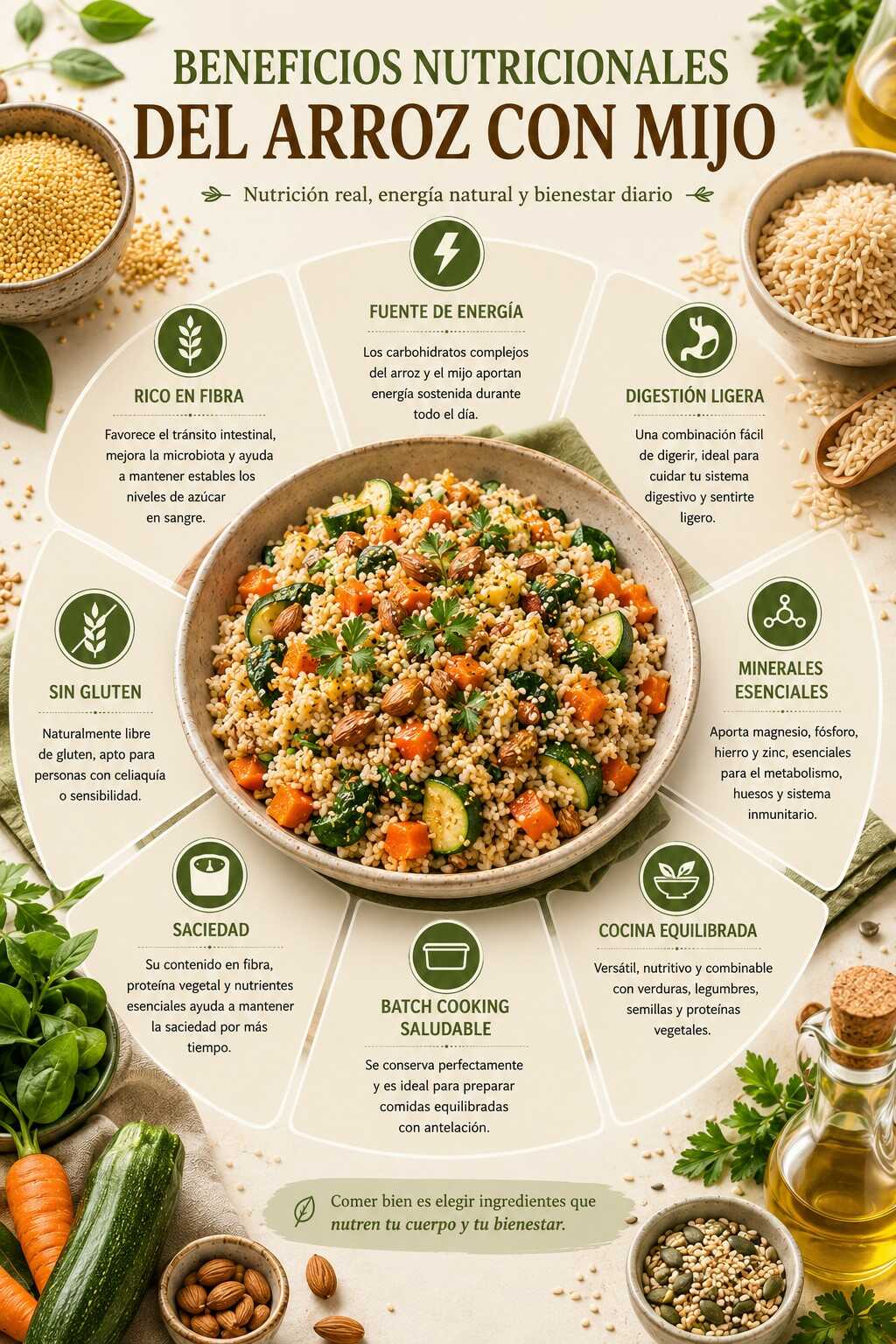 Infografía sobre los beneficios nutricionales del arroz con mijo
