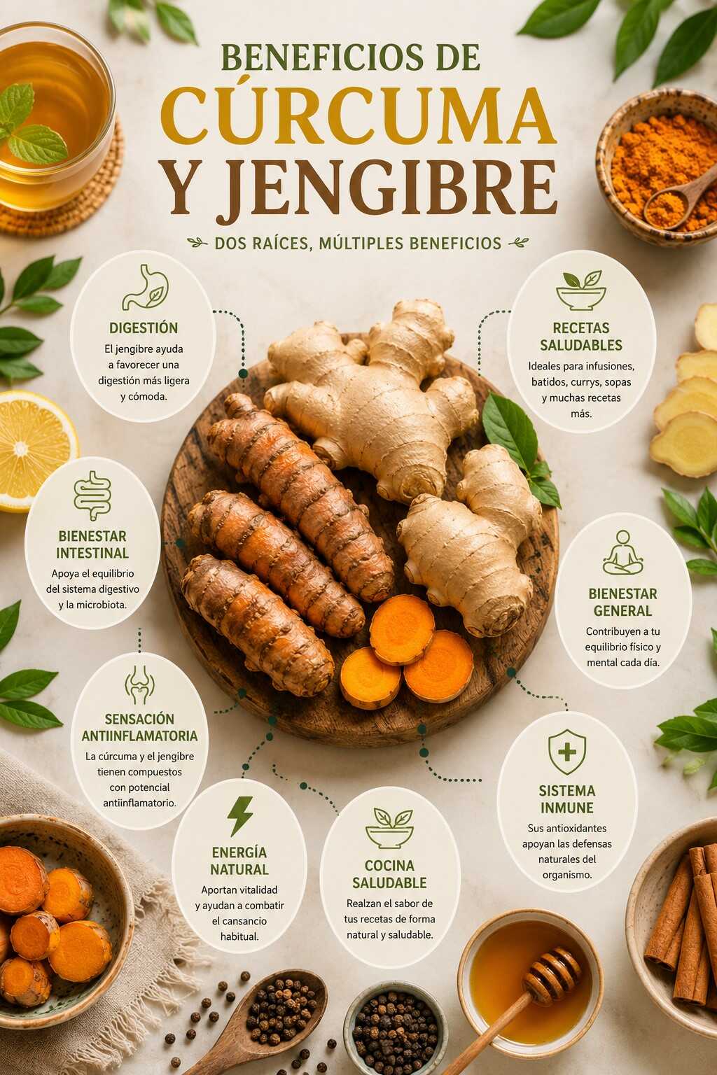Infografía sobre los beneficios de la cúrcuma y el jengibre