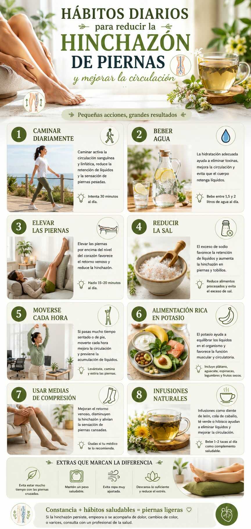Infografía sobre hábitos diarios para reducir la hinchazón de las piernas