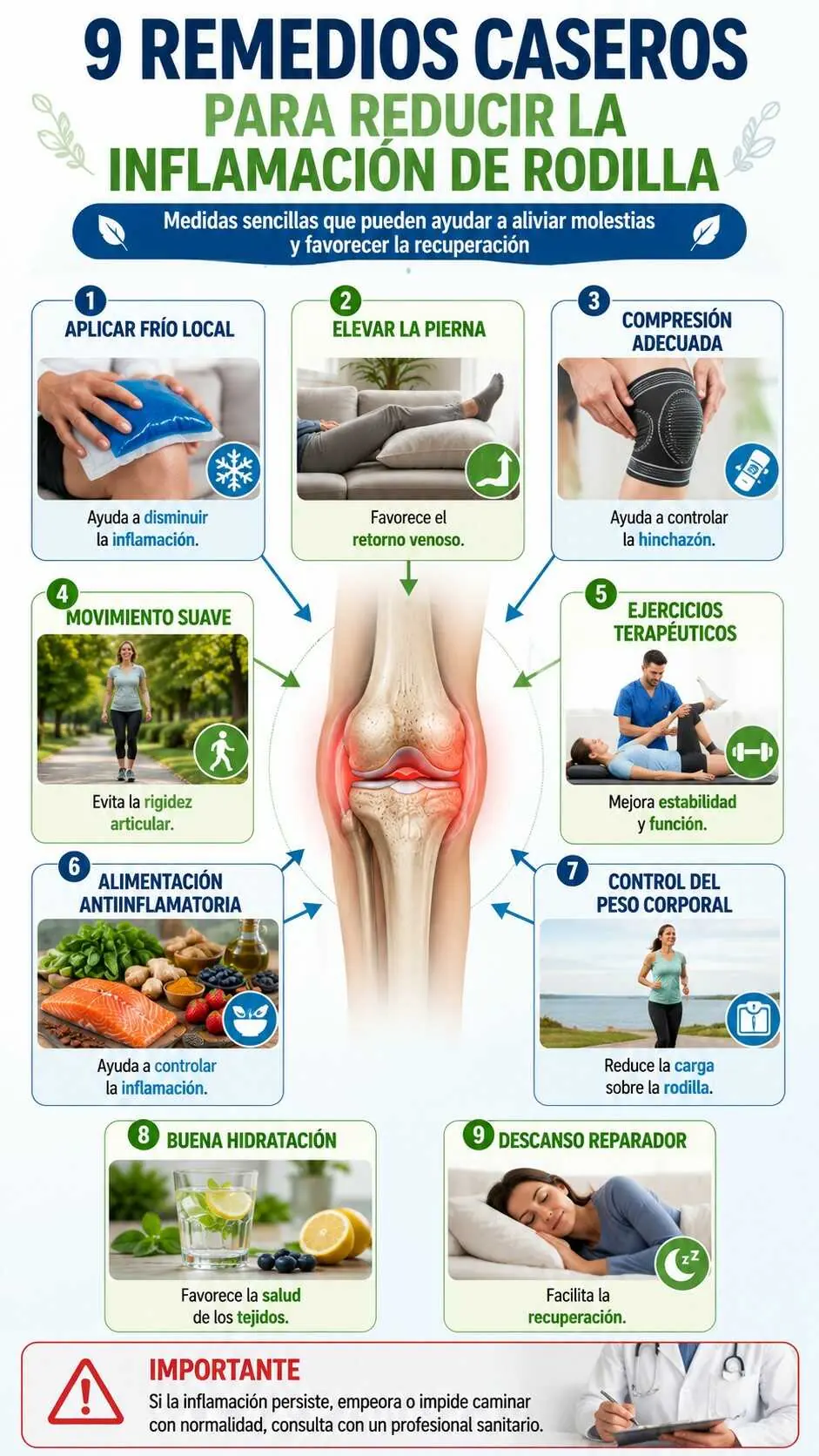 Infografía con nueve remedios caseros para aliviar la inflamación de rodilla mediante frío ejercicio alimentación antiinflamatoria y descanso