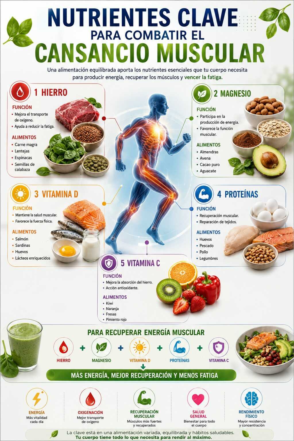 Infografía sobre los nutrientes clave para combatir el cansancio muscular, incluyendo hierro, magnesio, vitamina D, proteínas y vitamina C para mejorar la energía y la recuperación muscular.