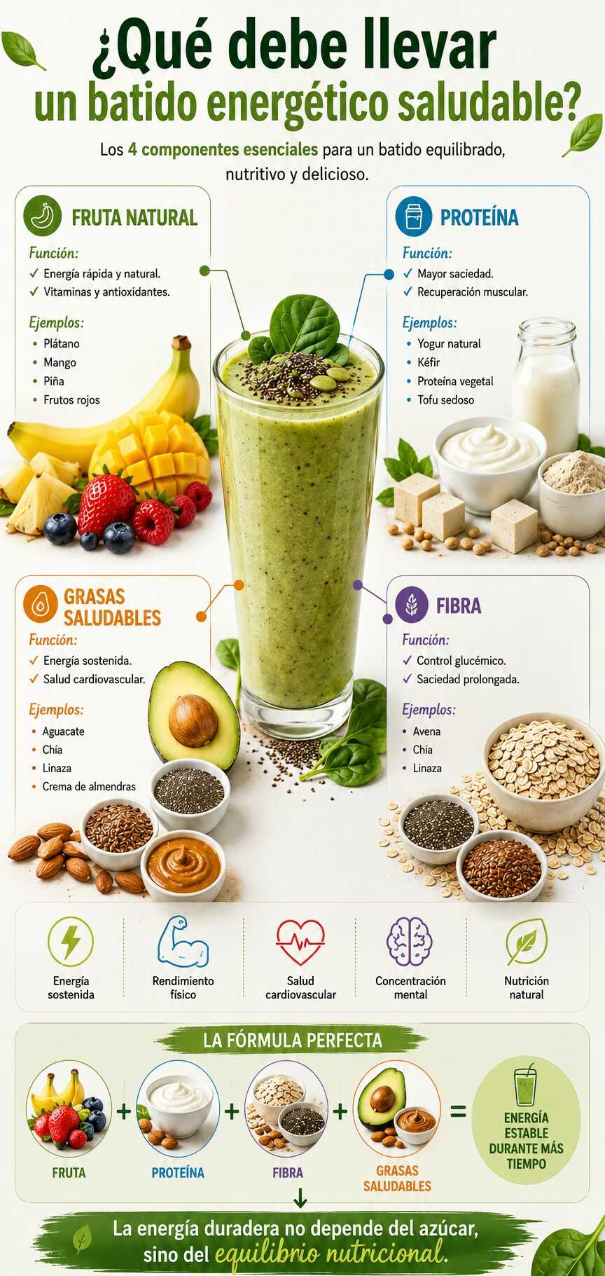 Infografía que explica los componentes de un batido energético saludable: fruta natural, proteína, fibra y grasas saludables para conseguir energía estable y mayor saciedad.